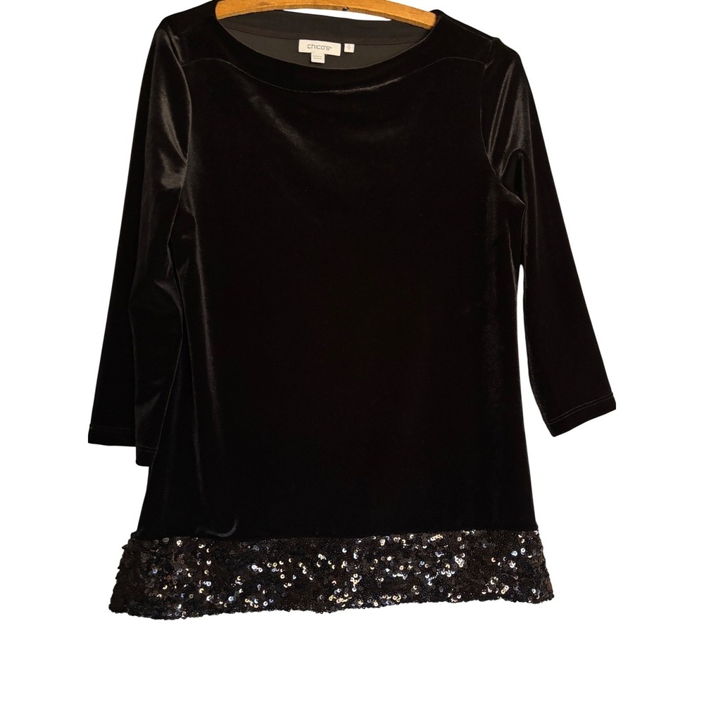 Chicos Sizing 0 Black Velvet Sequin Hem Tunic Top Boat Neck 3/4 Sleeve night out